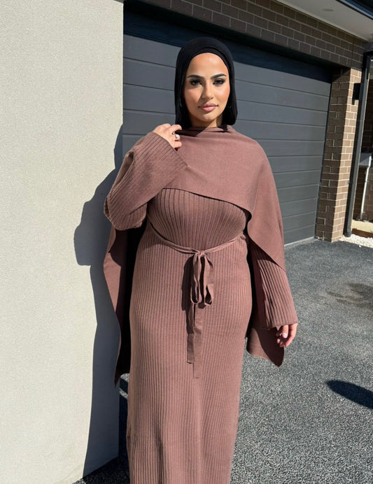 Cocoa Caramel Knit Shawl Dress