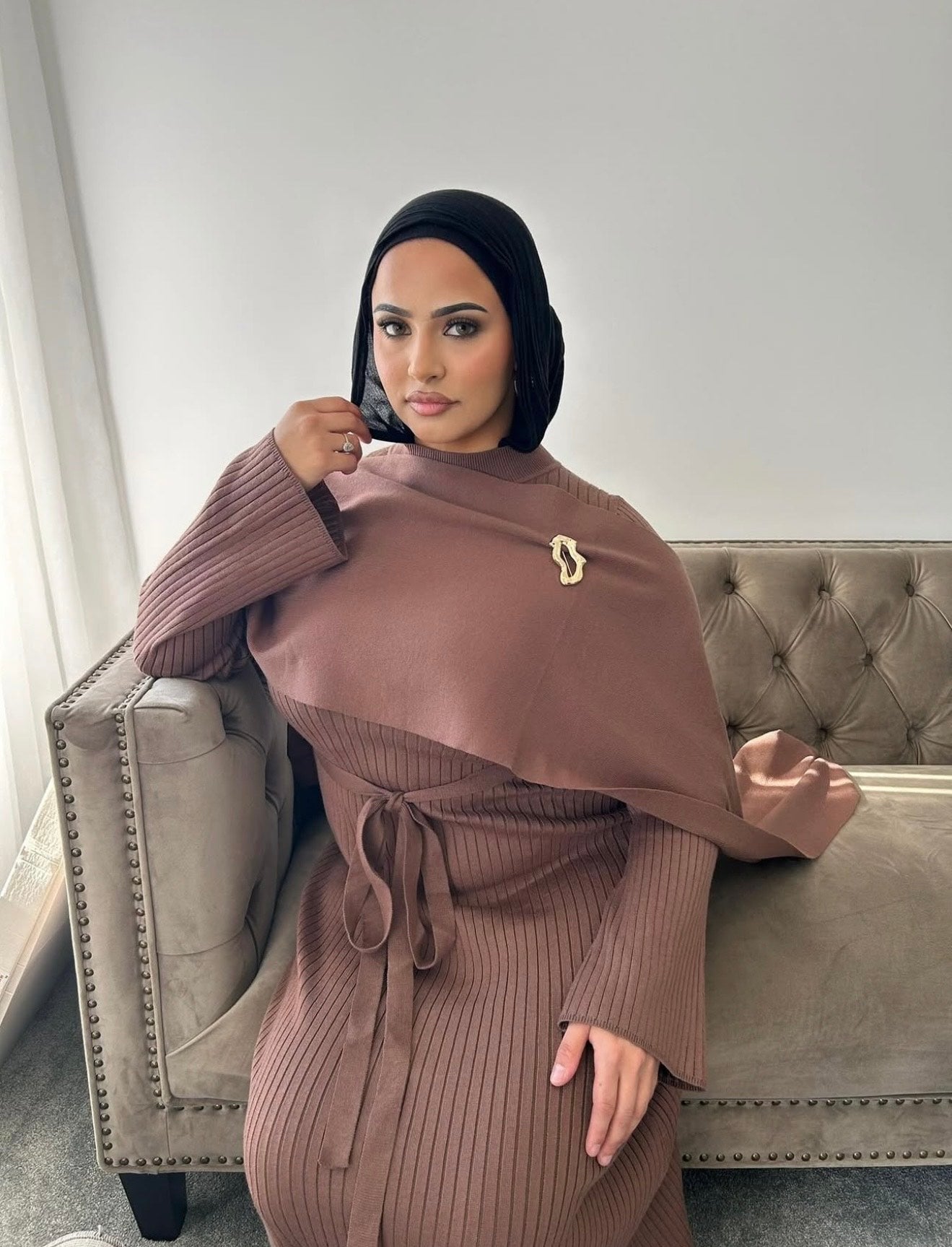 Cocoa Caramel Knit Shawl Dress