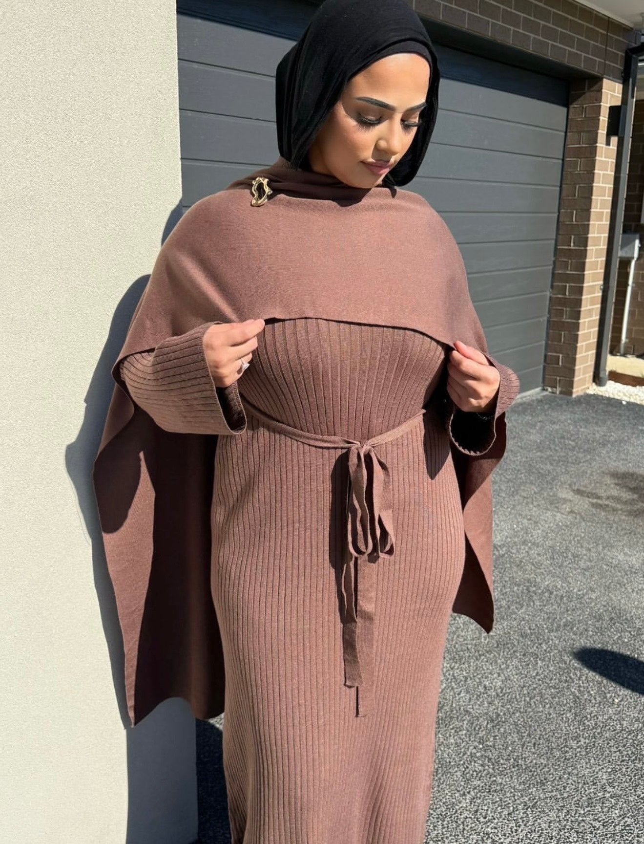 Cocoa Caramel Knit Shawl Dress